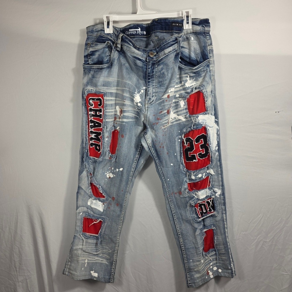 Copper Rivet Mens Slim Fit Distressed Jeans Light  Red Mesh Patch 42x32 AXB1023R